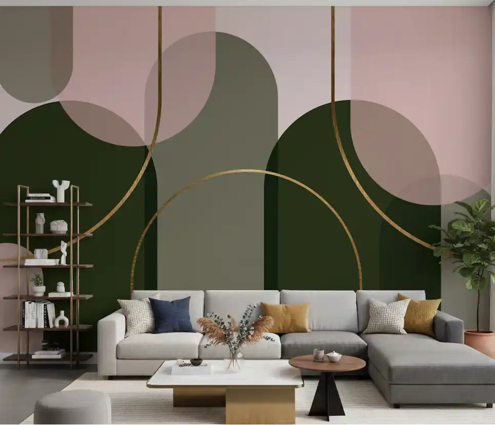 Olive green and blush-pink arch wall mural with gold details for living room spaces.
