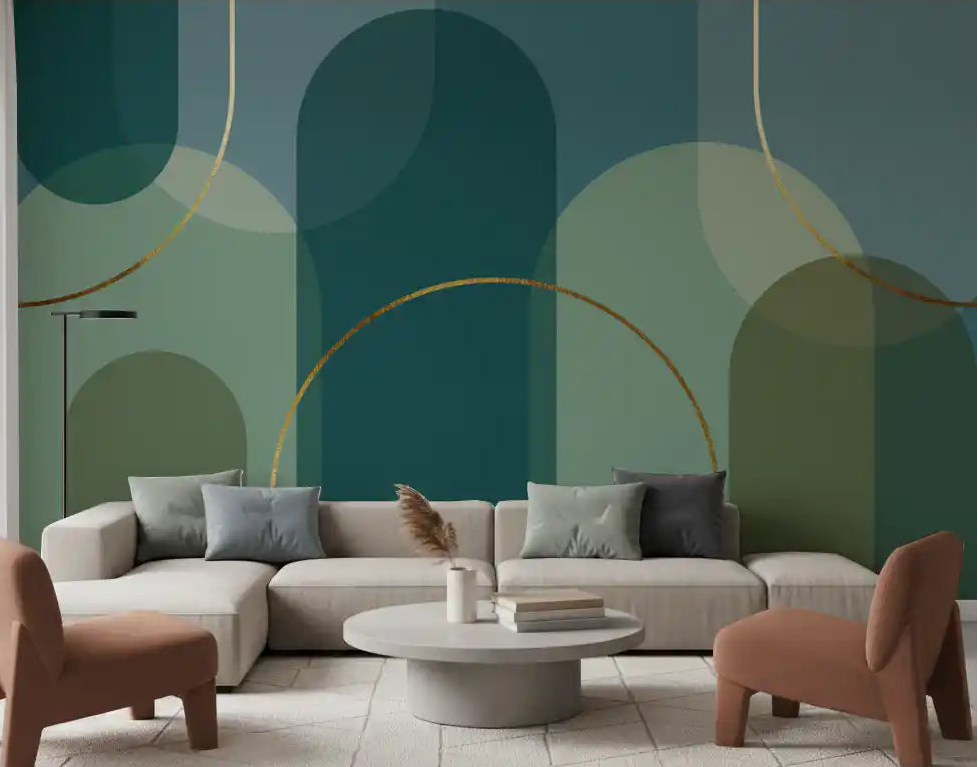 Emerald Arches Bronze Curves wall mural styled in a living room with green and neutral tones., GD10326
