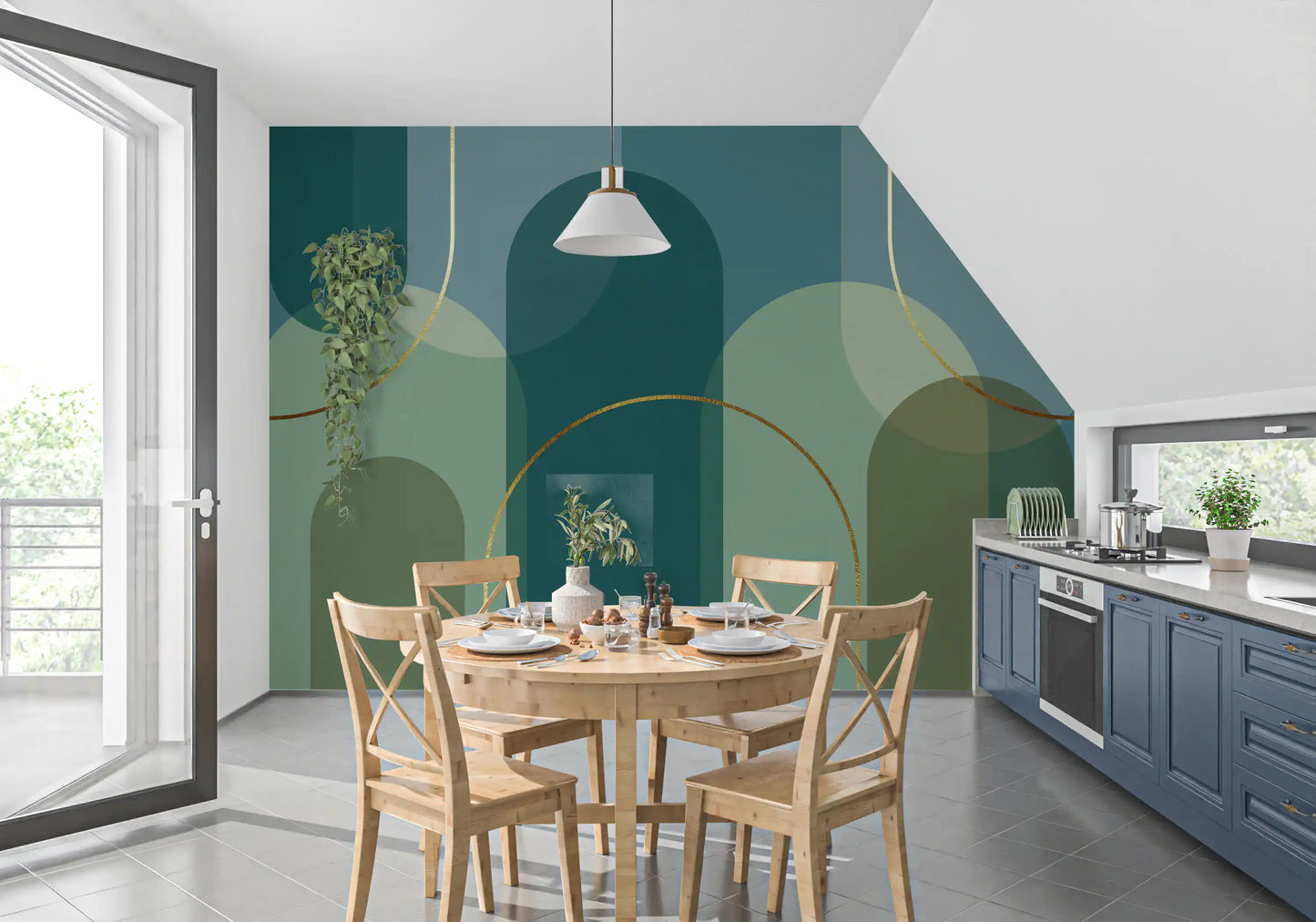 Emerald Arches & Bronze Curves Wall Mural