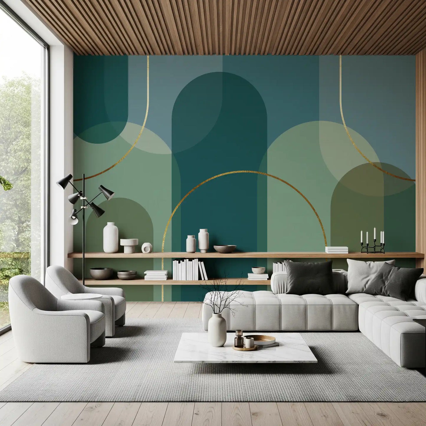 Emerald Arches & Bronze Curves Wall Mural