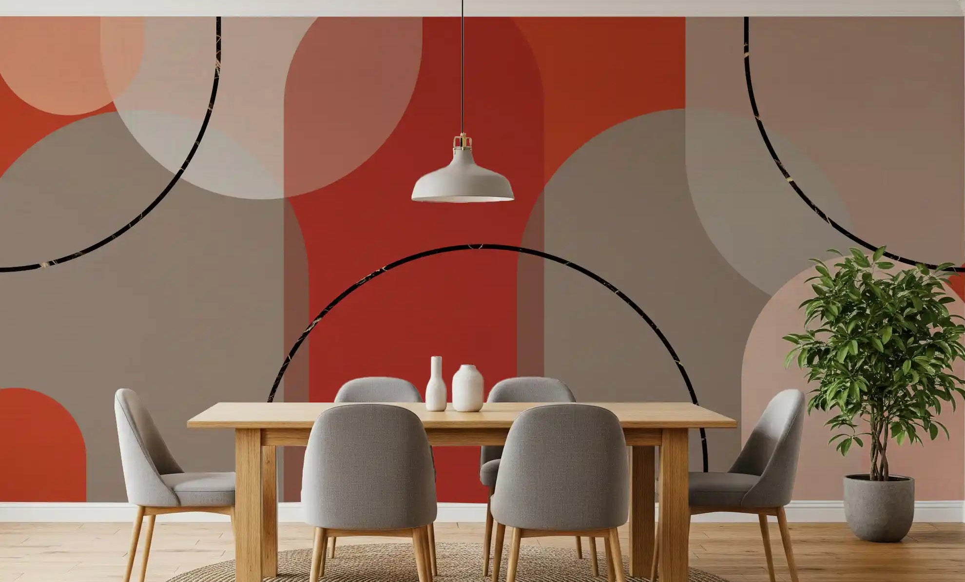 Warm earthy curves wall mural with geometric arches in a dining room., GD10327