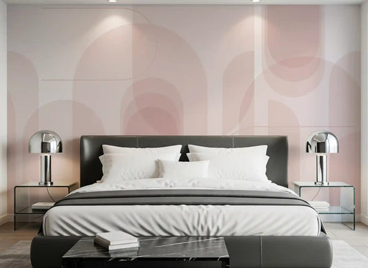 Blush geometric wall mural with rose-toned overlapping arches in an bedroom.