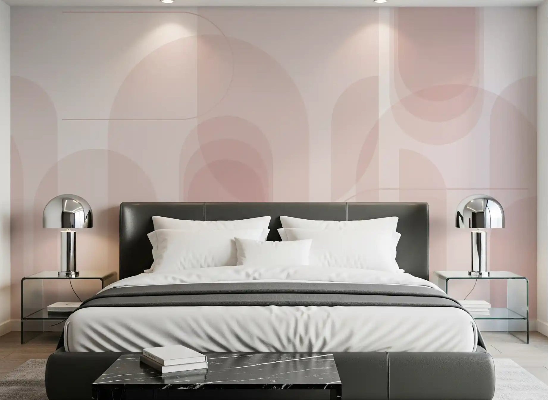 Blush geometric wall mural with rose-toned overlapping arches in an bedroom., GD10328