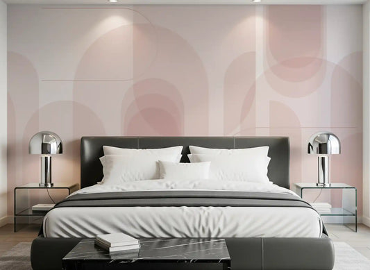 Blush geometric wall mural with rose-toned overlapping arches in an bedroom.