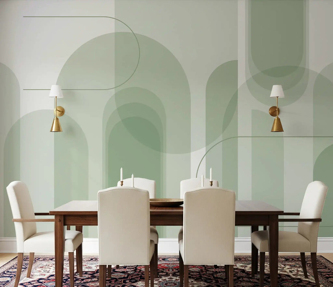 Sage geometric wall mural with overlapping arches in a dining room.