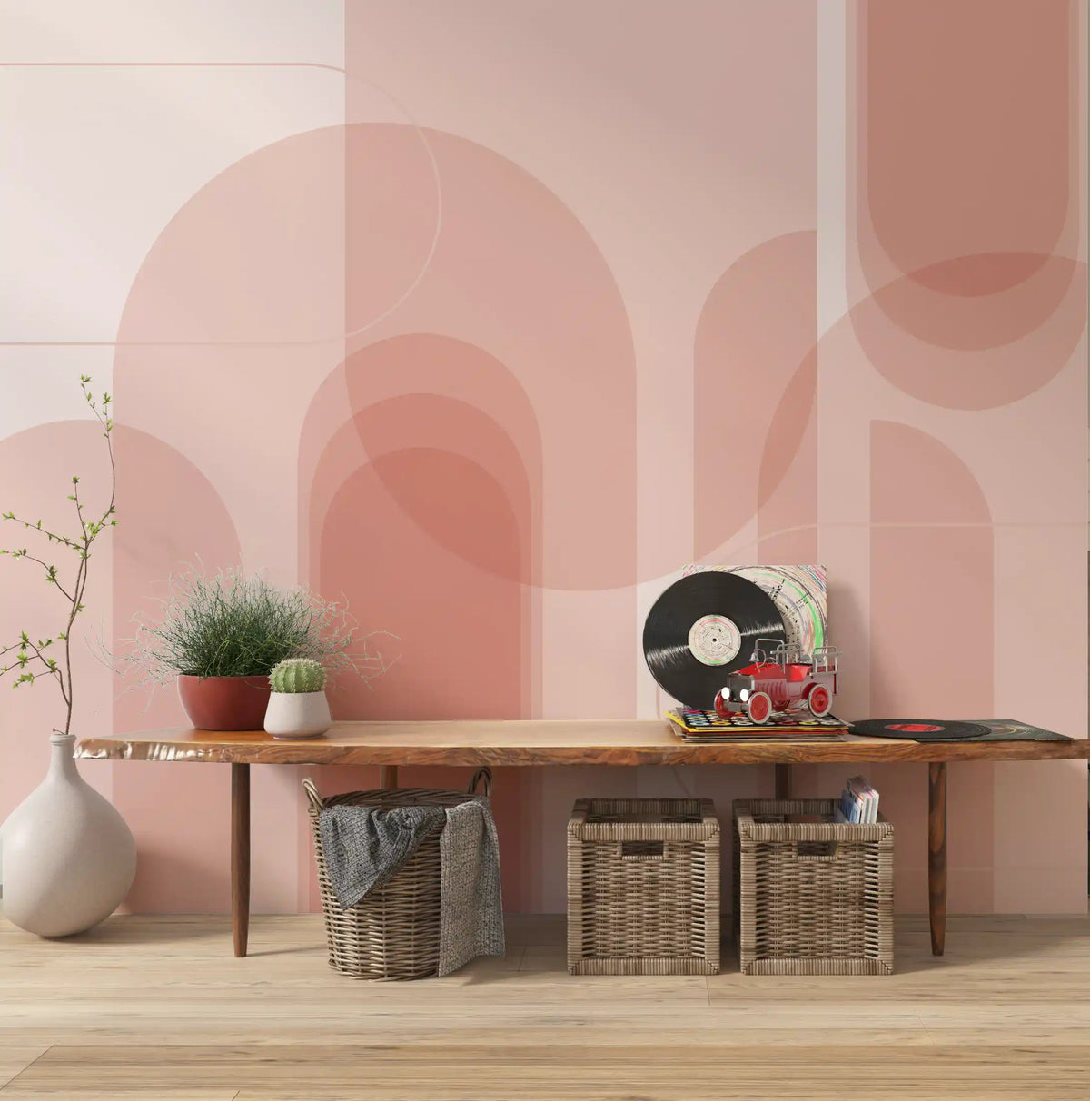 Salmon geometric wall mural with blush arch composition in a hallway., GD10330