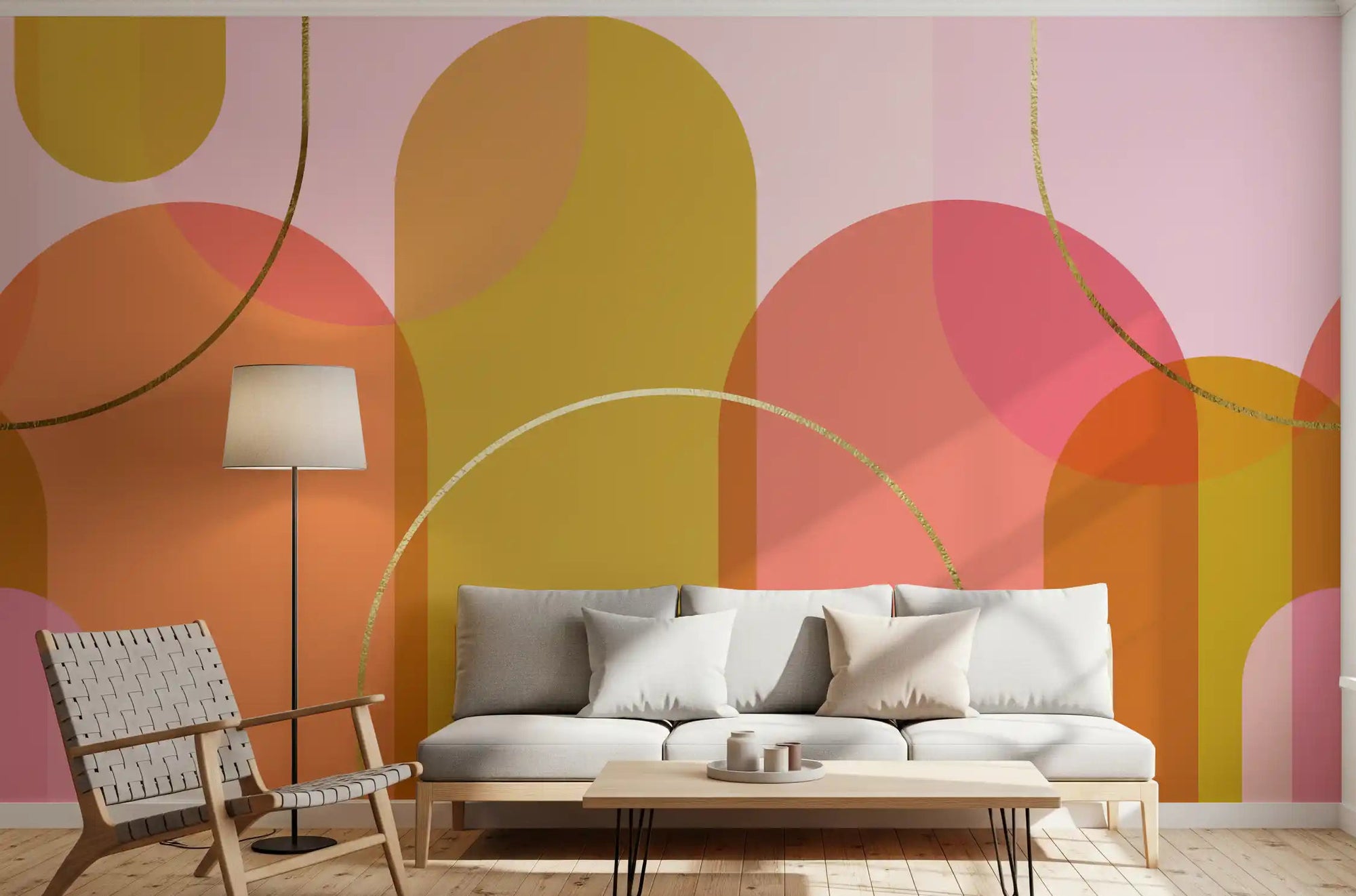 Pastel geometric mural with Bold warm coloured arches and circles in living room., GD10332