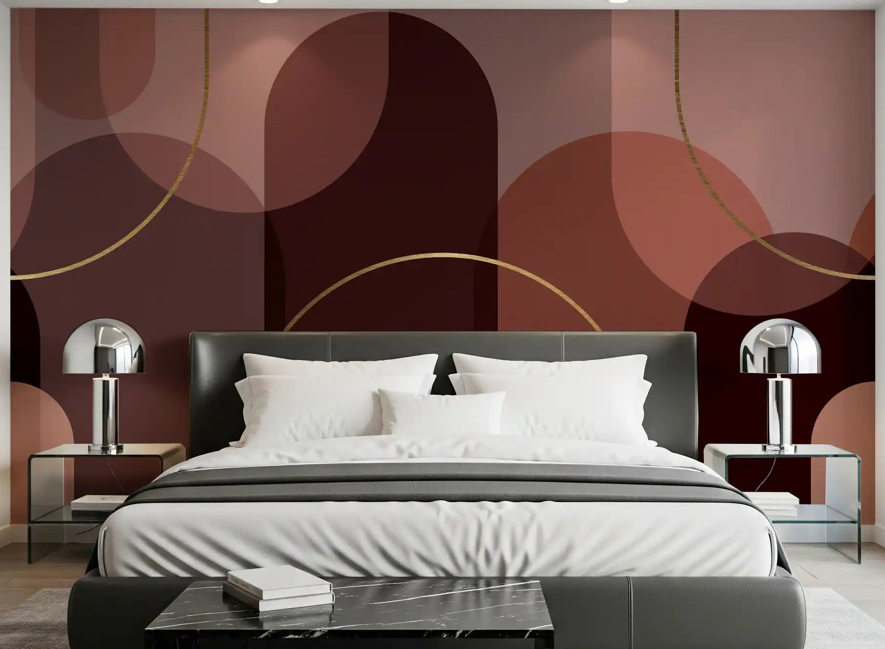 Warm burgundy geometric arch mural with gold accents in bedroom setting., GD10333