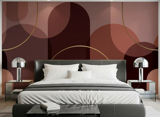 Warm burgundy geometric arch mural with gold accents in bedroom setting. 