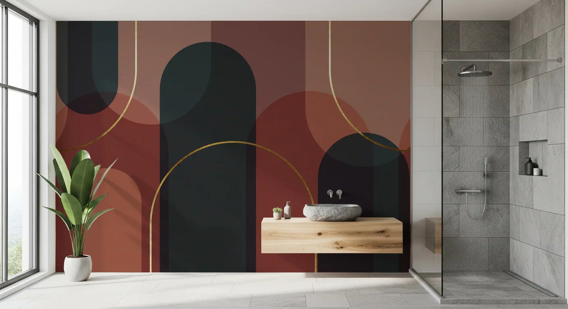 Linen textured geometric wall mural with rounded teal and maroon arches., GD10334