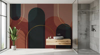 Linen textured geometric wall mural with rounded teal and maroon arches., GD10334