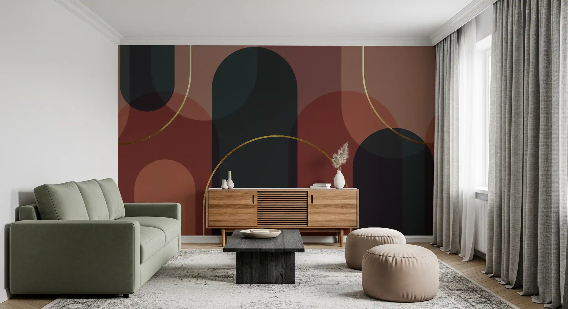 Deep saturated teal maroon and rose geometric wall mural with gold lines., GD10334