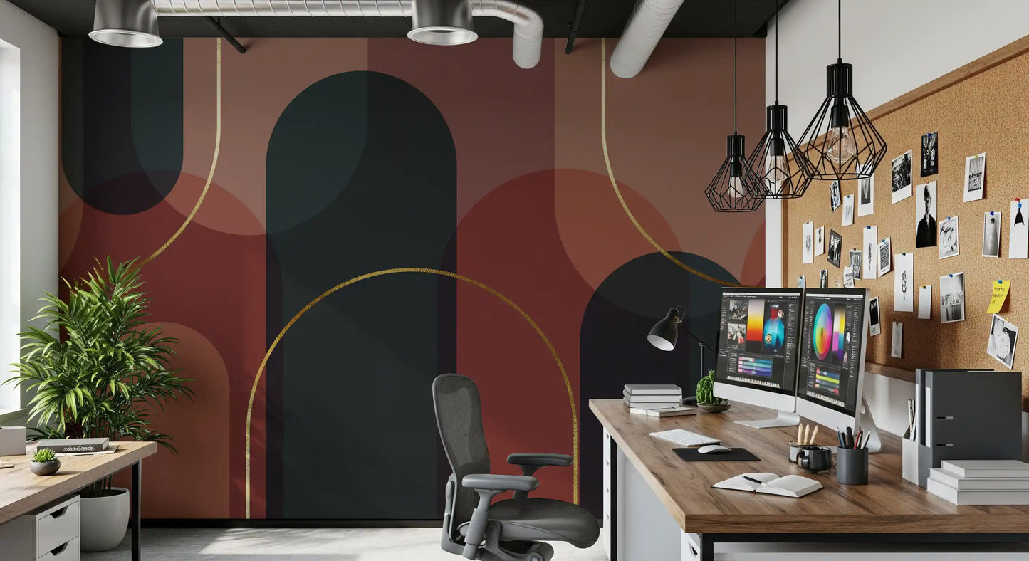 Layered terracotta and forest green arch mural with gold accents in study room., GD10334