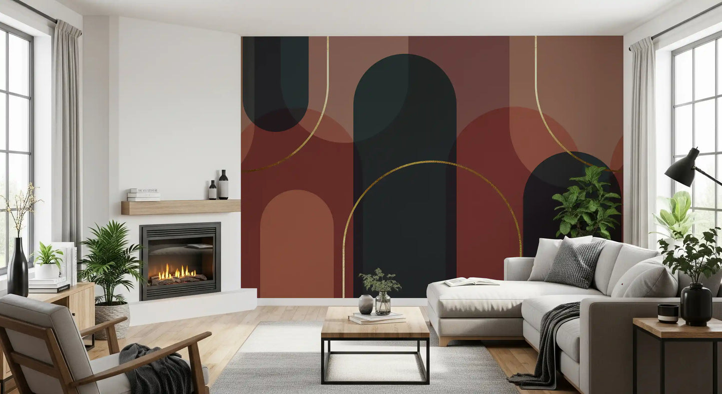 Overlapping dark green arch shapes mural with terracotta panels in living room., GD10334
