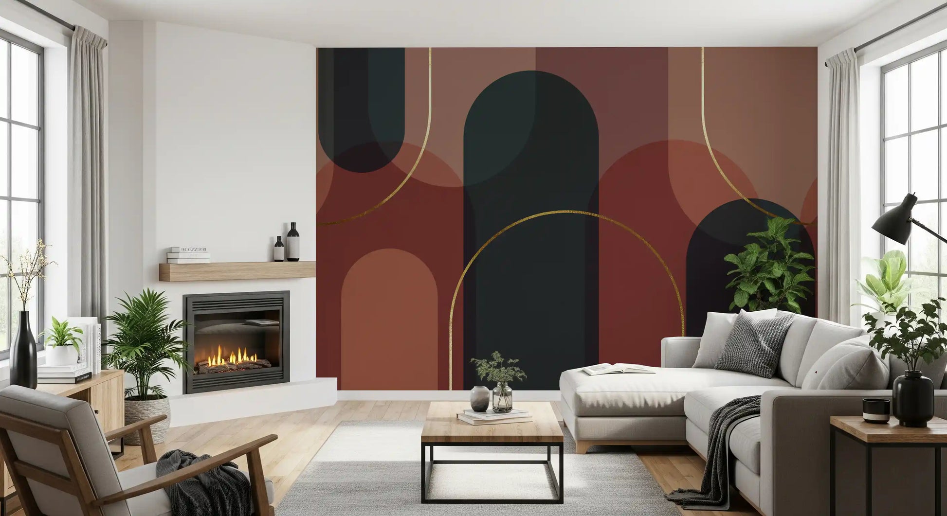 Overlapping dark green arch shapes mural with terracotta panels in living room., GD10334