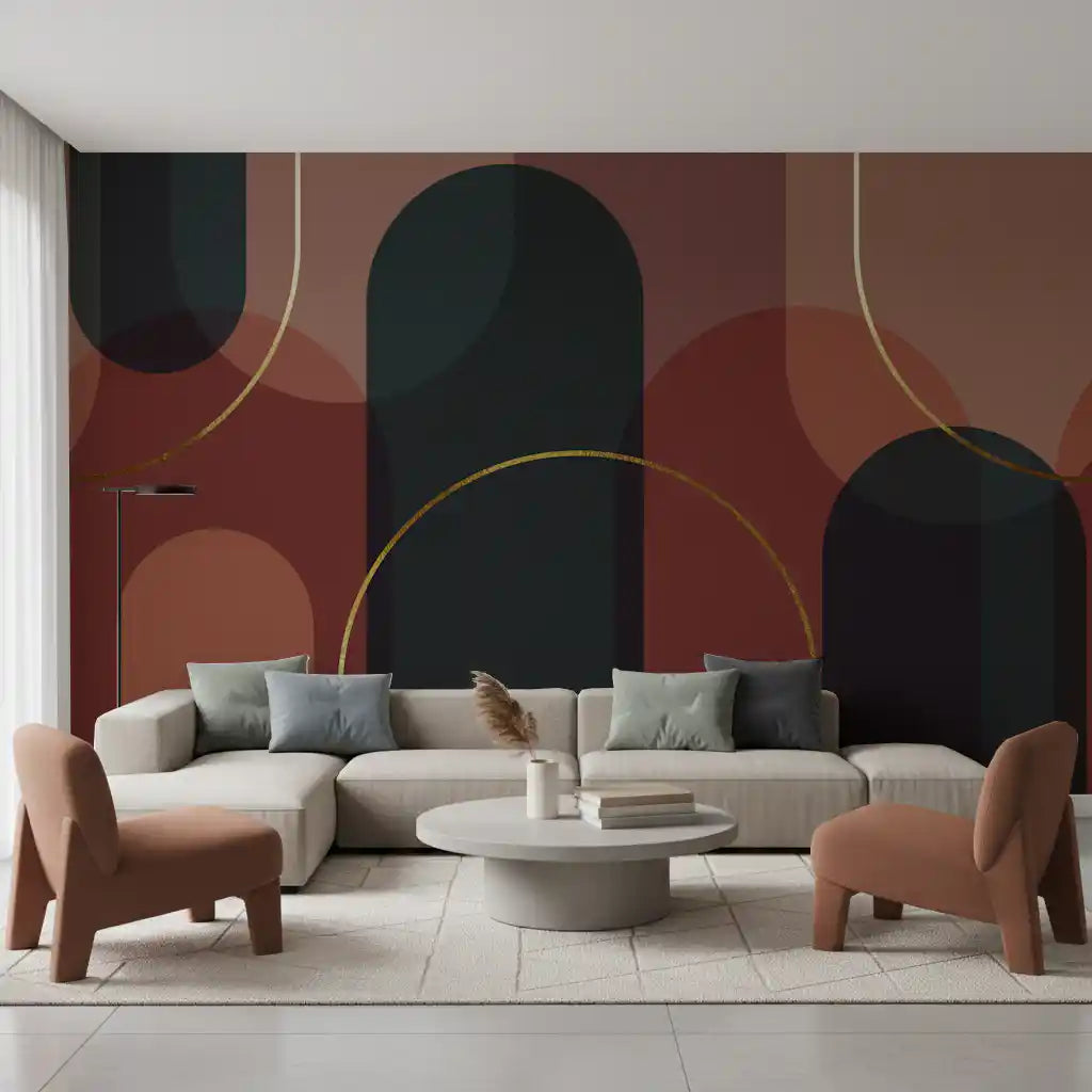 Sunset arches and gilded lines wall mural with teal and terracotta arches., GD10334
