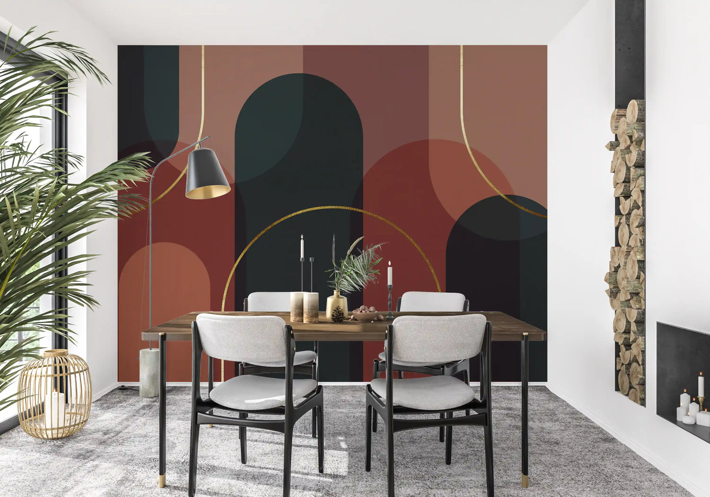 Bold teal and terracotta geometric arch mural in dining room setting., GD10334