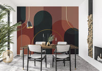 Bold teal and terracotta geometric arch mural in dining room setting., GD10334