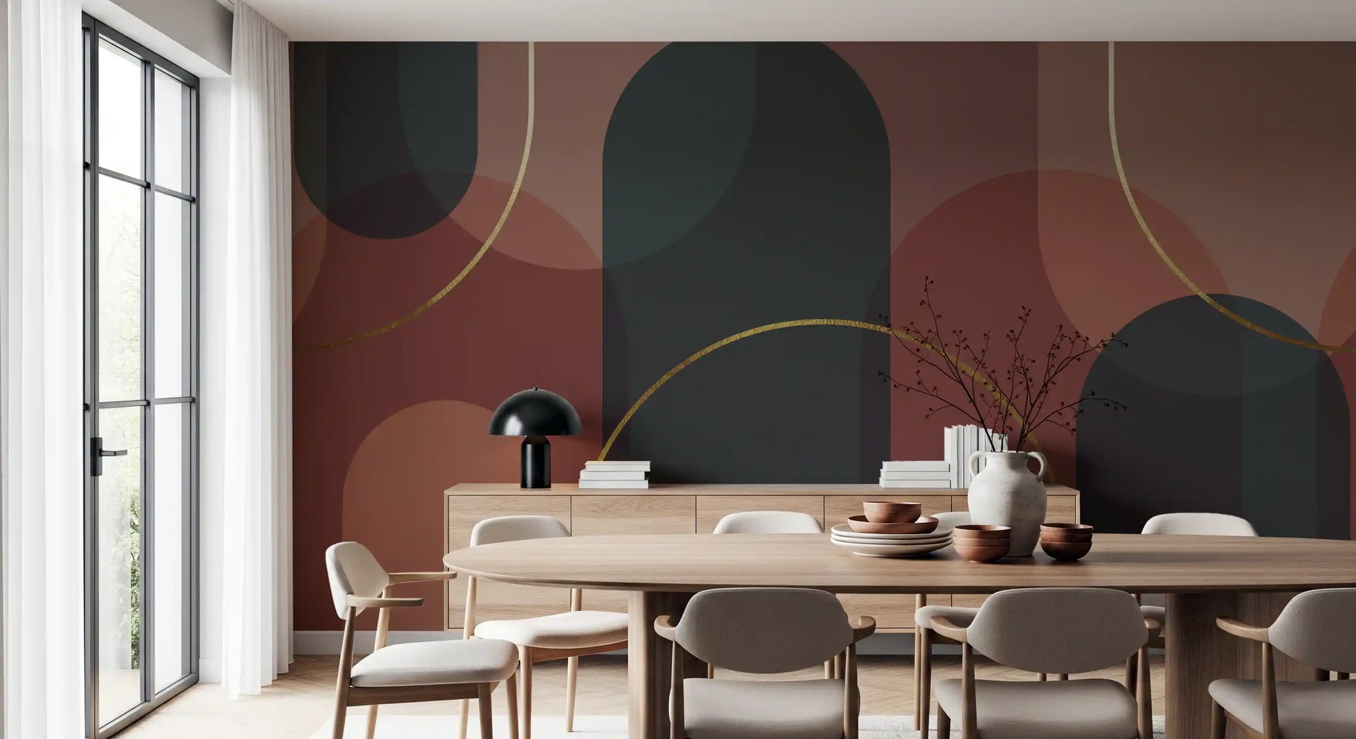 Deep teal and maroon geometric circles on textured background mural., GD10334