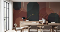 Deep teal and maroon geometric circles on textured background mural., GD10334
