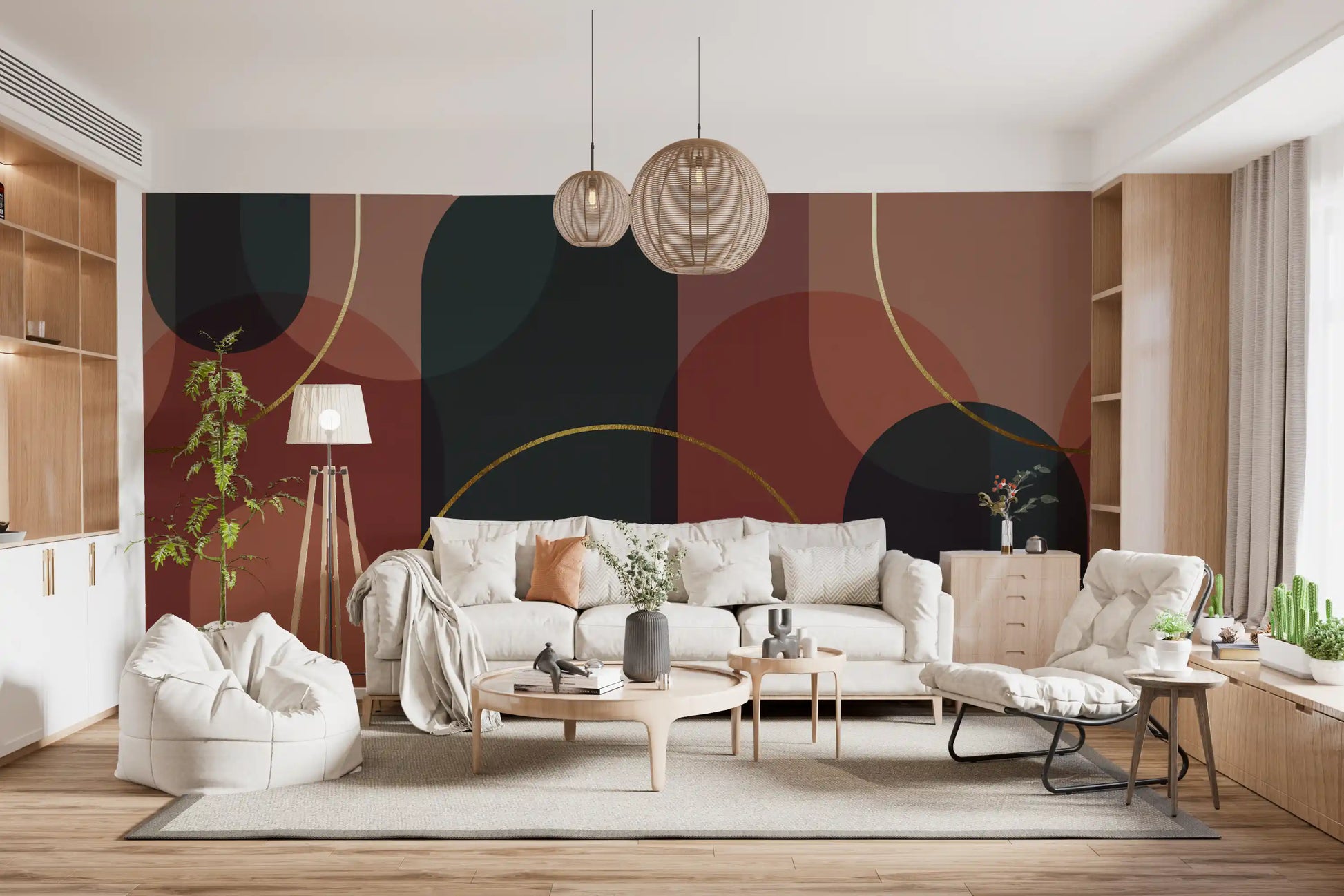 Warm and cool toned geometric mural with overlapping circles and arches., GD10334