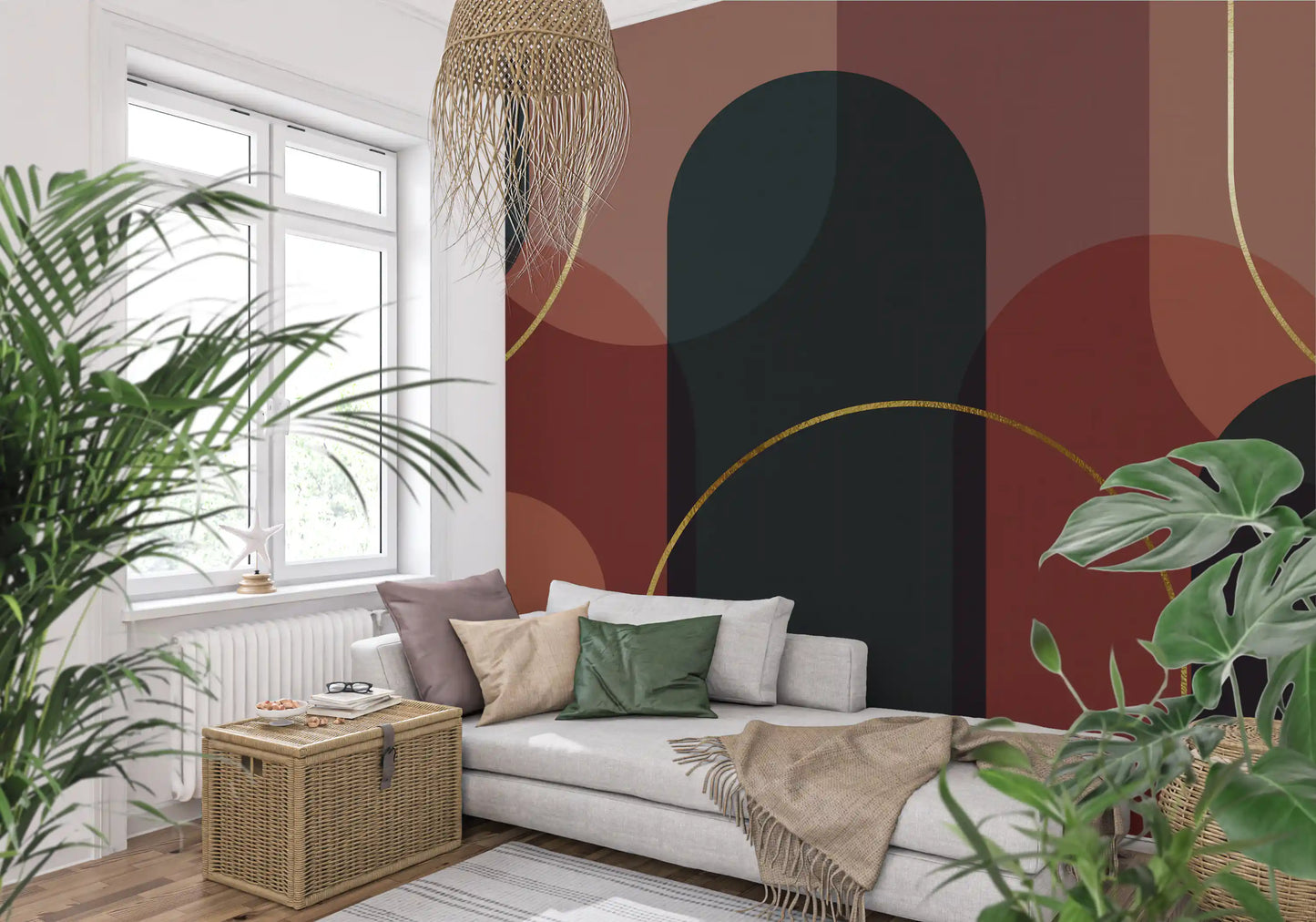 Metallic gold curved lines across teal and wine red geometric mural., GD10334