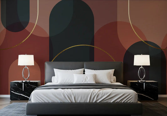 Dark green and dusty rose overlapping arches wall mural in bedroom space.