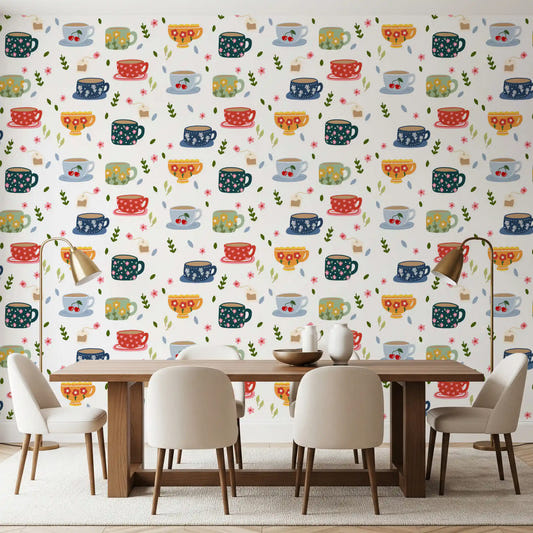 Cheerful coffee cup pattern wallpaper with scattered leaves in dining room.