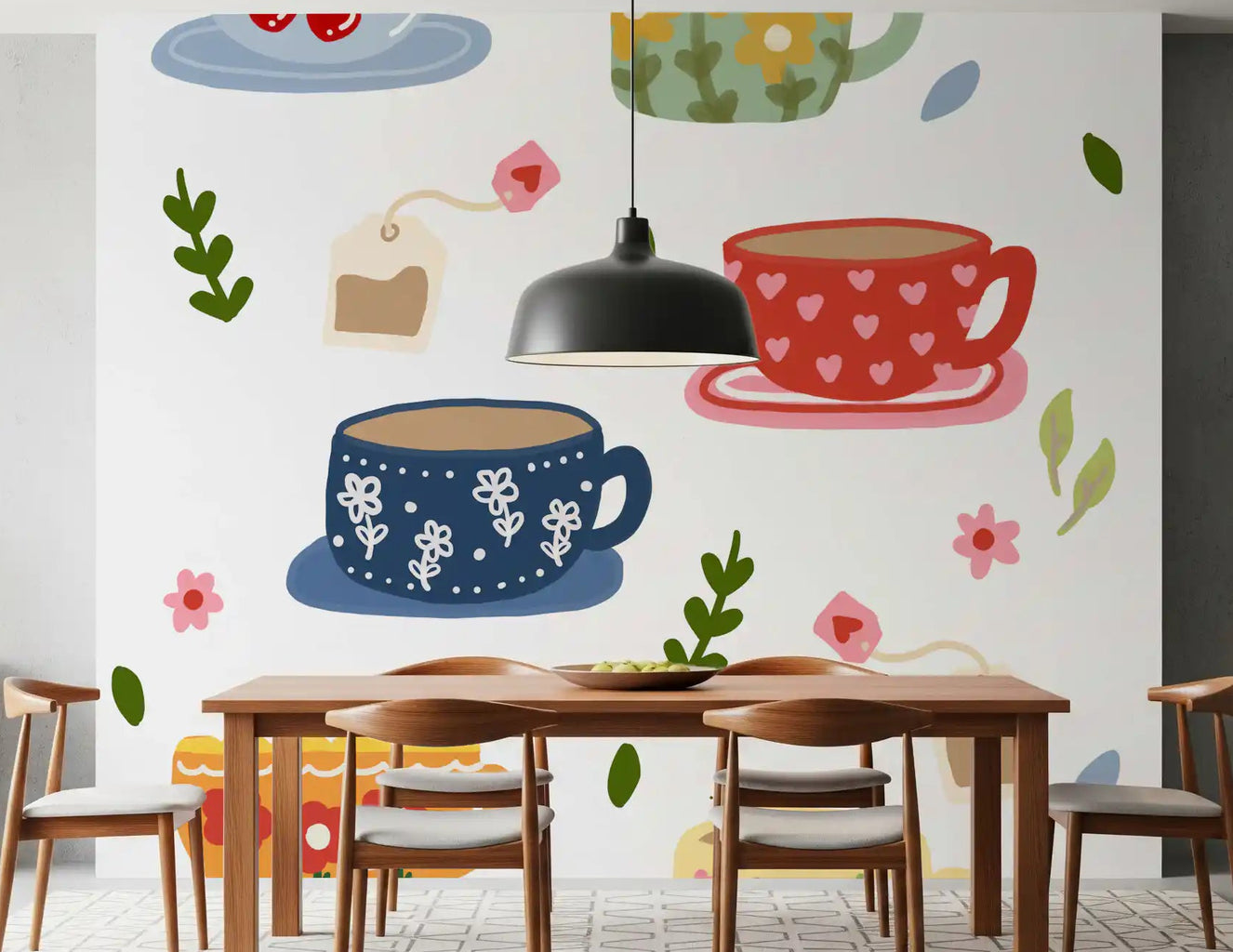 Scattered teacups and green sprigs teatime mural in dining room.