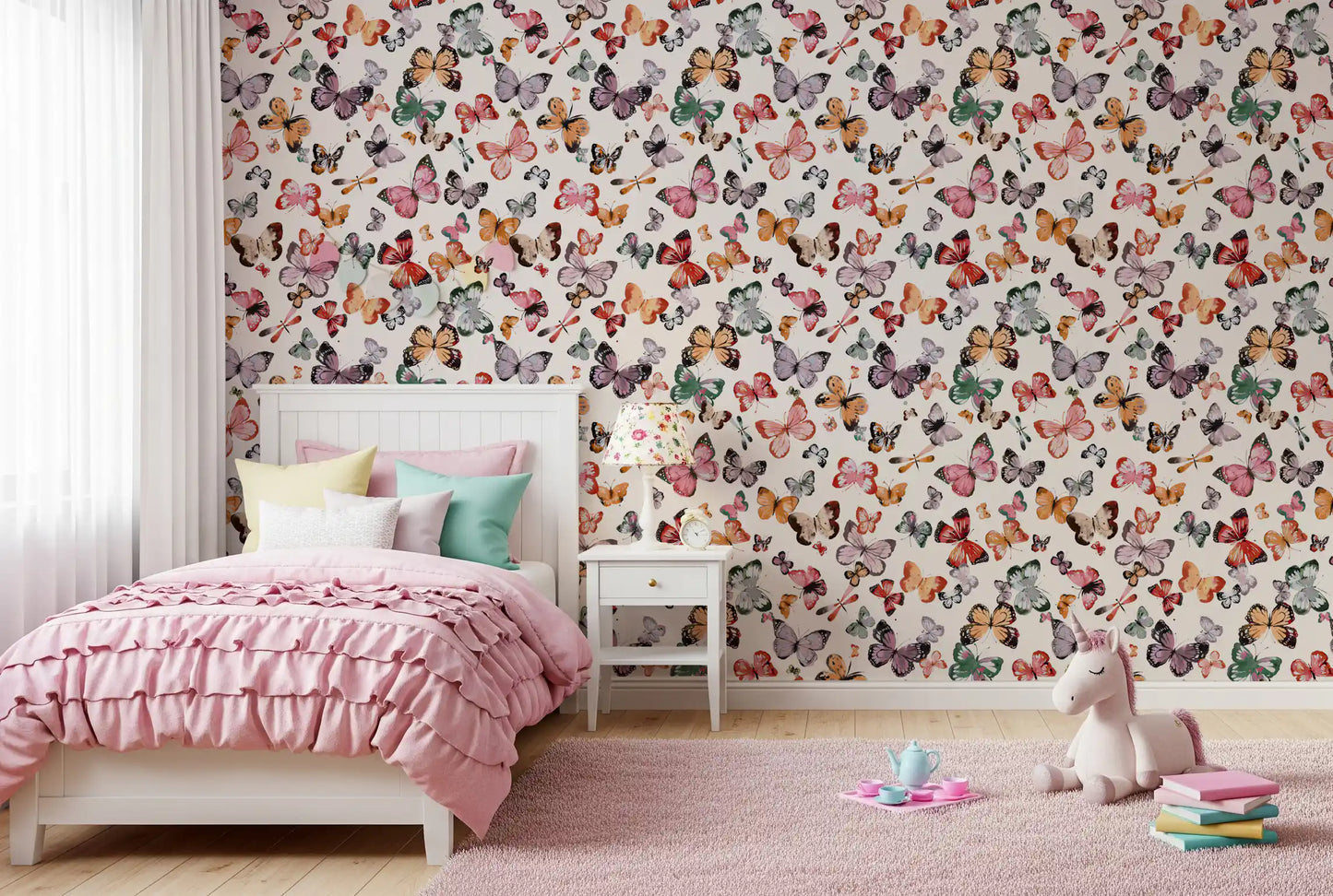 Scattered butterfly pattern wallpaper with earthy tones and dragonflies in girls room., GD10338