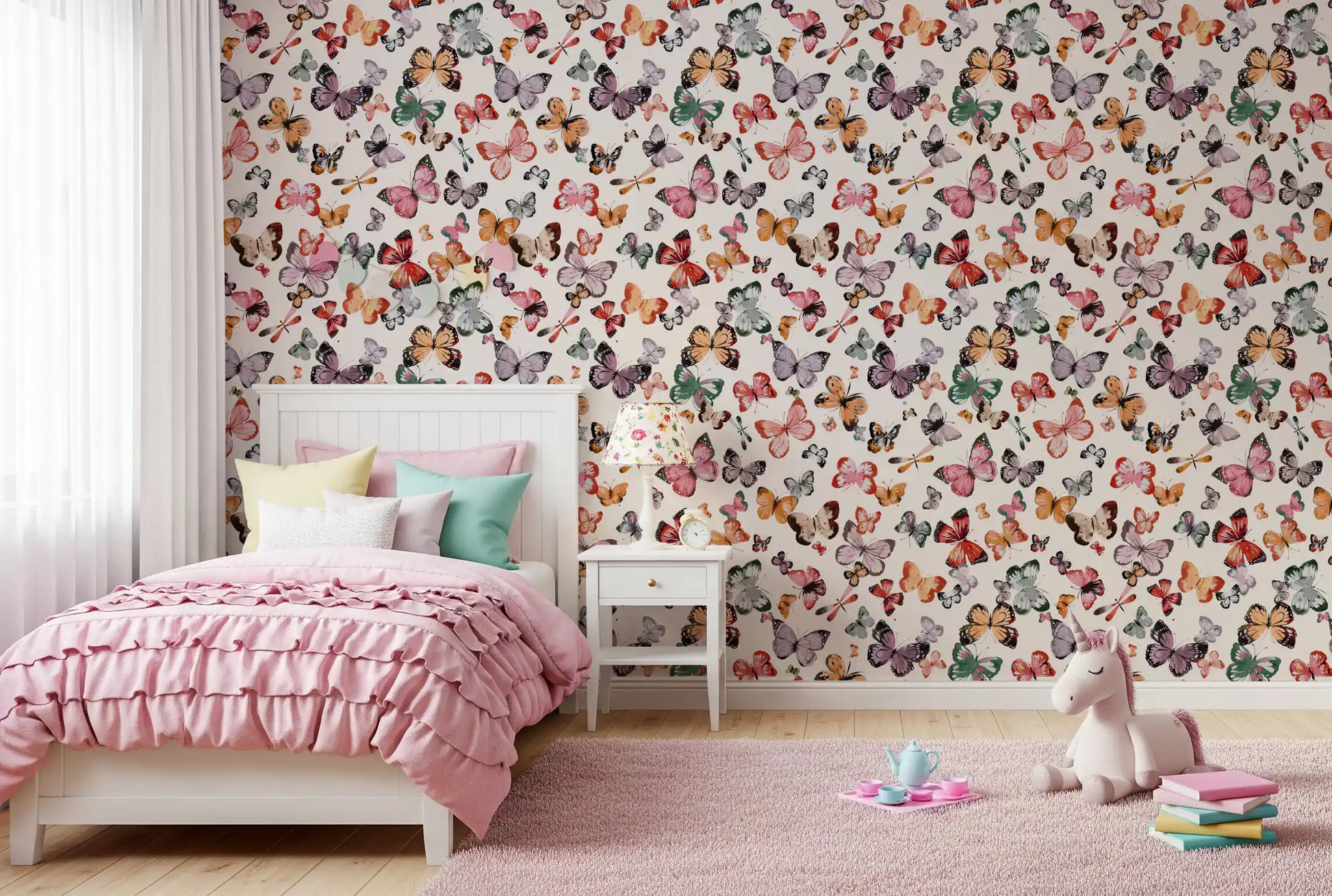 Scattered butterfly pattern wallpaper with earthy tones and dragonflies in girls room., GD10338