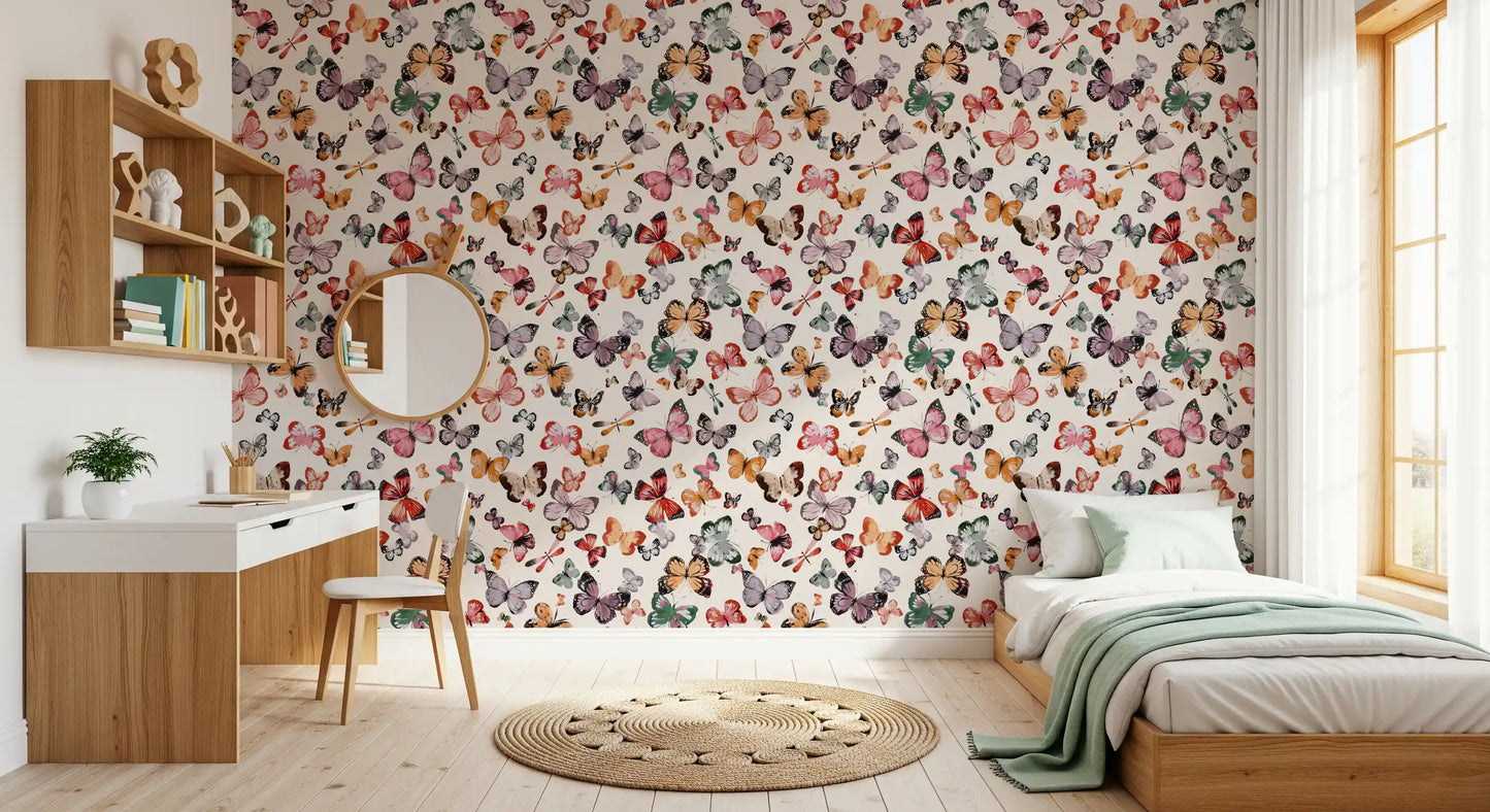 Watercolour butterflies wallpaper in coral teal and lavender on cream background., GD10338