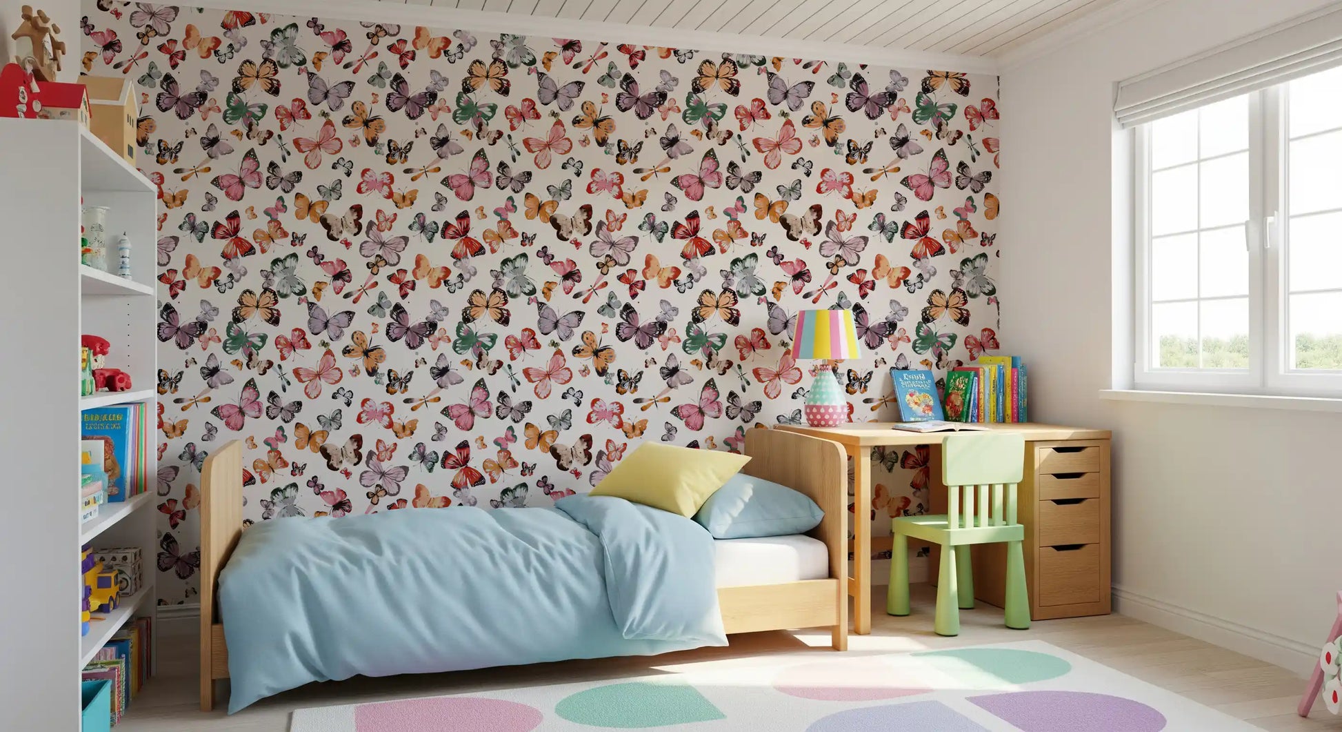 Flying butterflies wallpaper in a kids bedroom with cream walls., GD10338