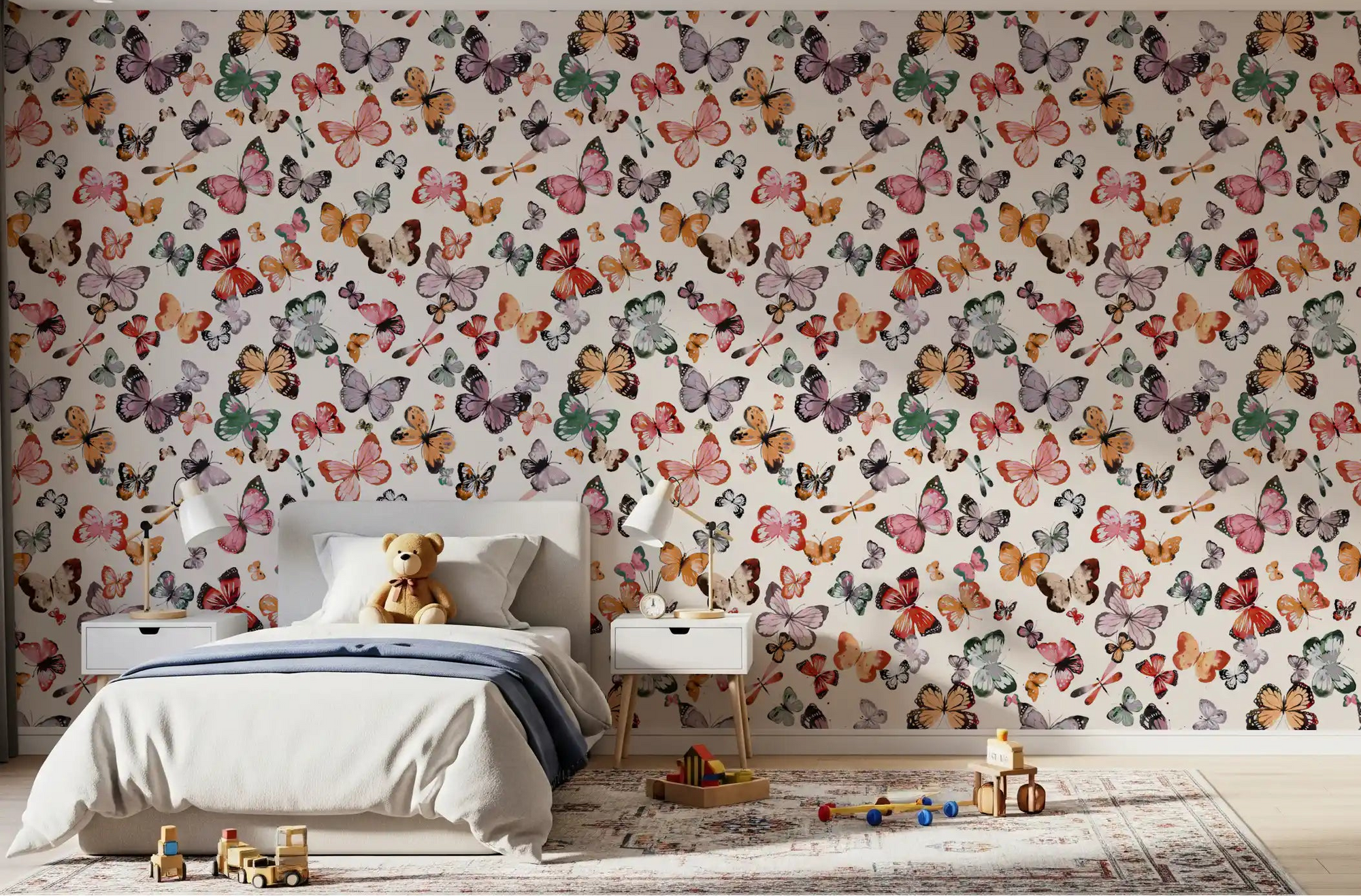 Earthy toned butterfly wallpaper on a kids bedroom accent wall., GD10338