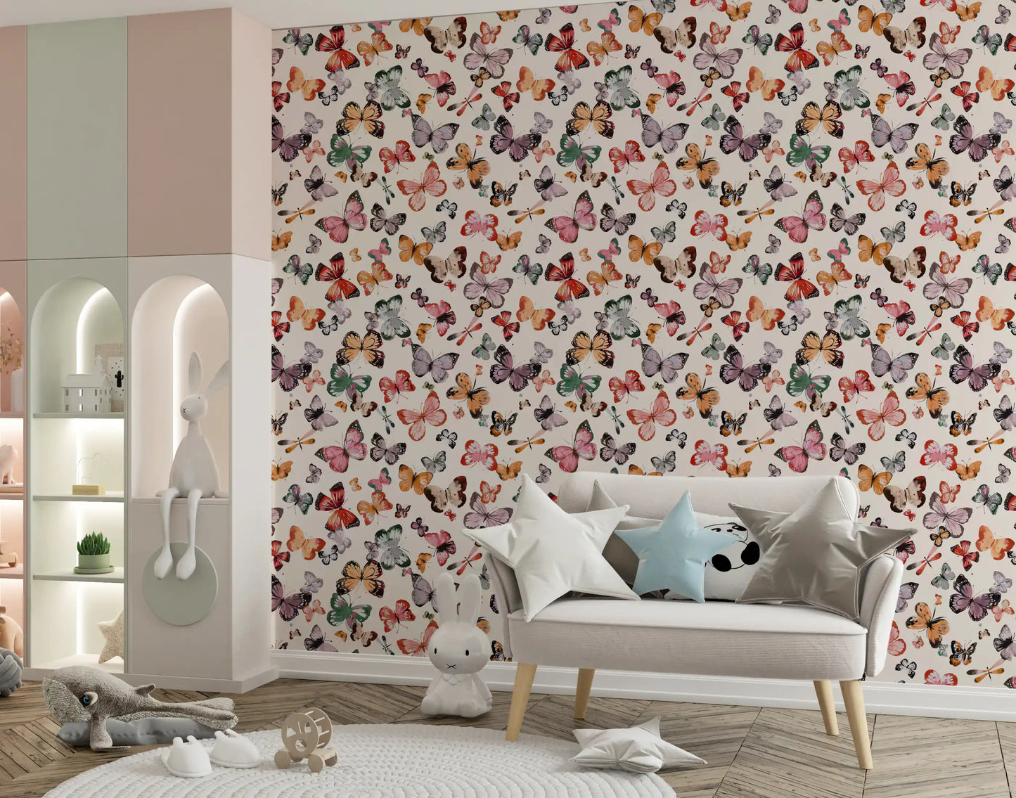 Teal green and coral red butterflies on soft cream wallpaper in nursery., GD10338
