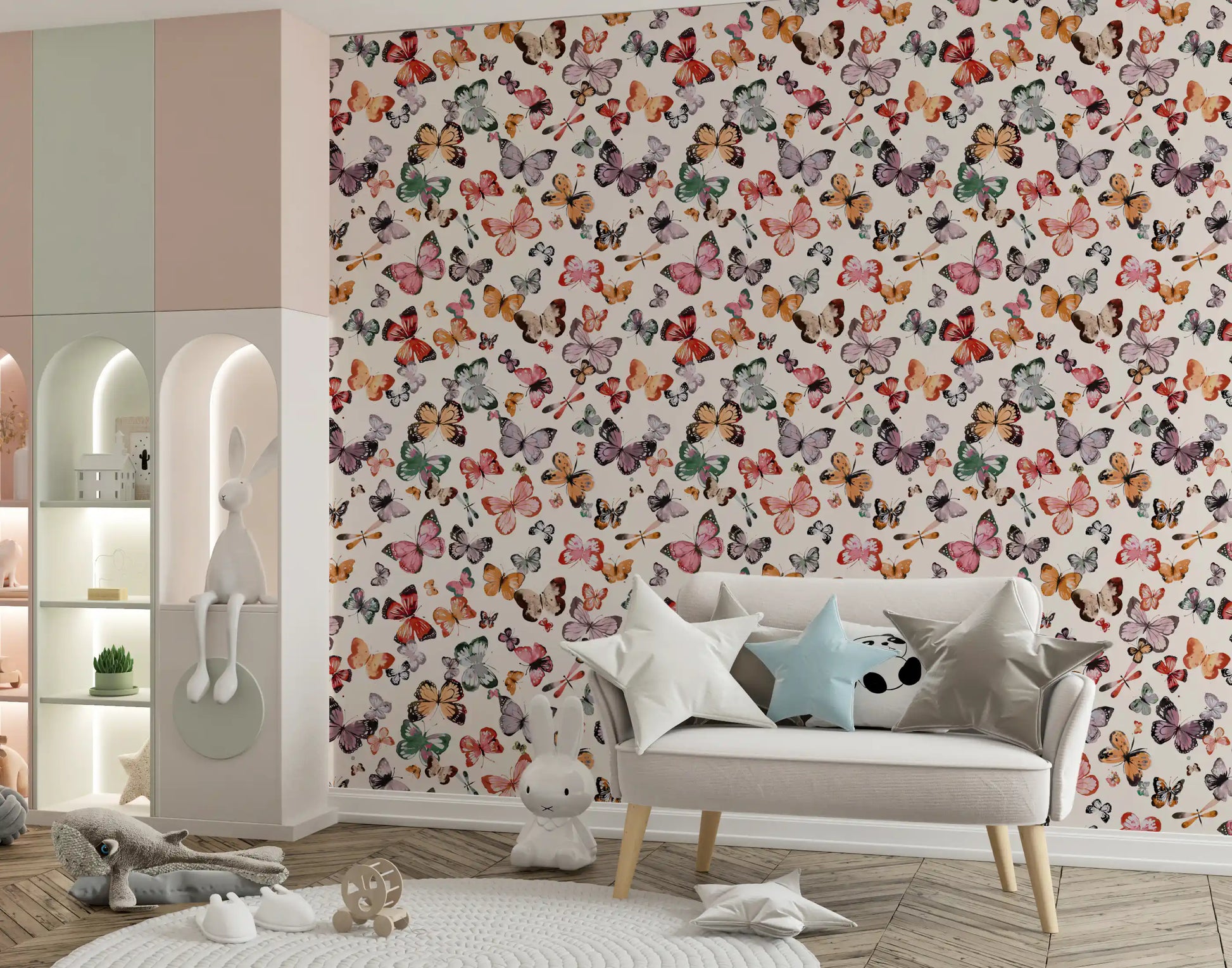 Teal green and coral red butterflies on soft cream wallpaper in nursery., GD10338