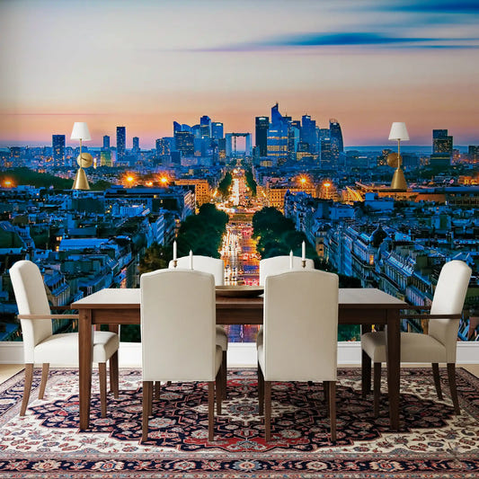 Parisian Dusk cityscape mural featured on an dining room accent wall at twilight tones.
