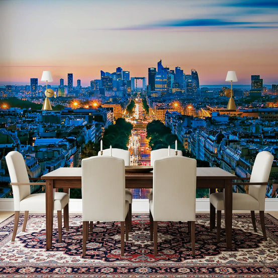 Parisian Dusk cityscape mural featured on an dining room accent wall at twilight tones., GD10339