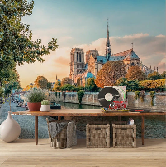 cathedral river scene mural displayed in a hallway with sunset colour tones.