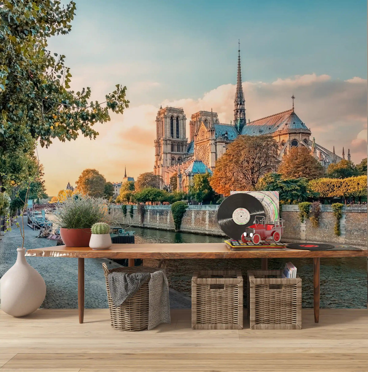 cathedral river scene mural displayed in a hallway with sunset colour tones., GD10340