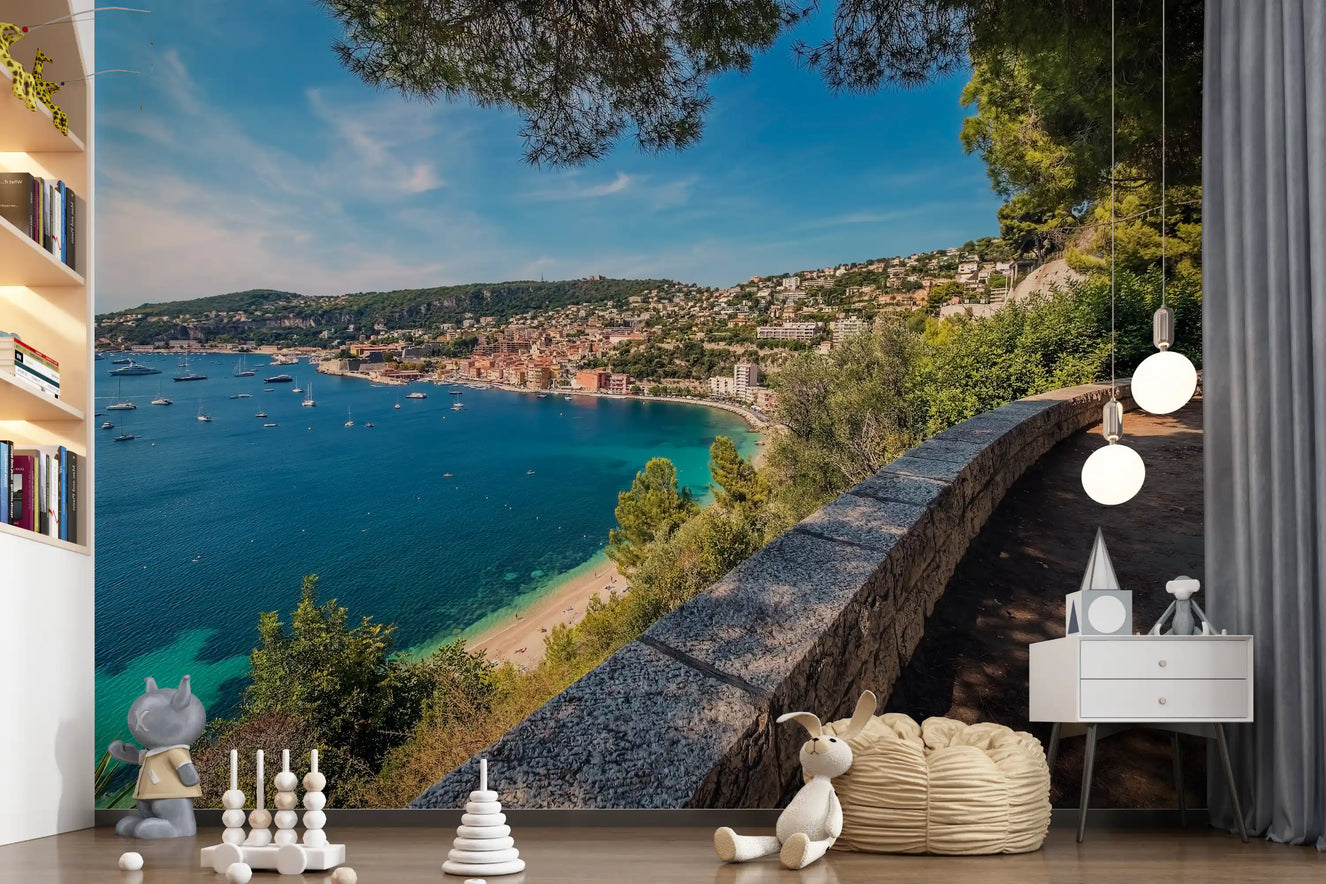 Turquoise shallows meeting deep ocean blue in Villefranche coastal wall mural. 