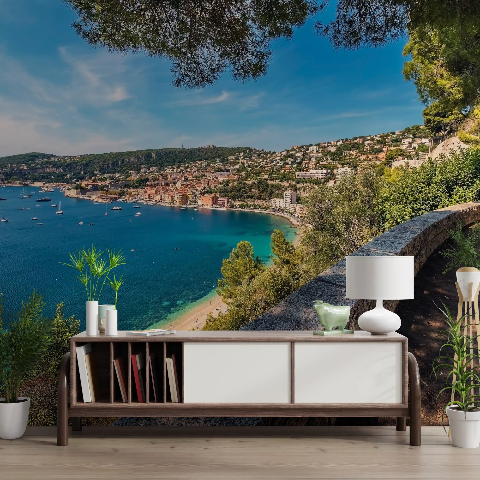 Mediterranean harbour panoramic mural featured on a hallway accent wall, GD10341