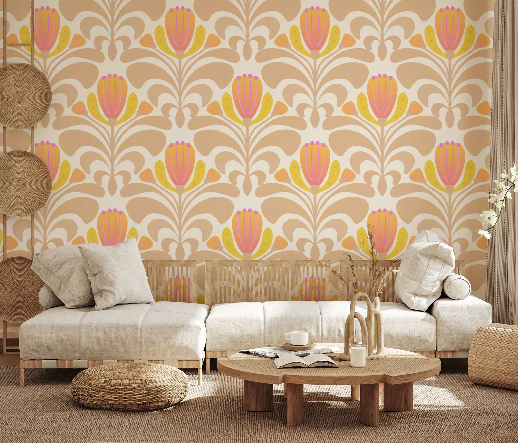 Warm peach and yellow tulip patterned wallpaper in a living room setting., GD10342