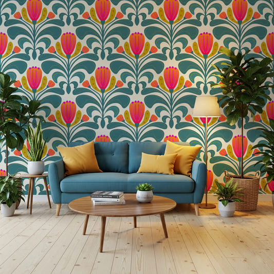 Teal and coral floral patterned wallpaper in a hallway space interior.