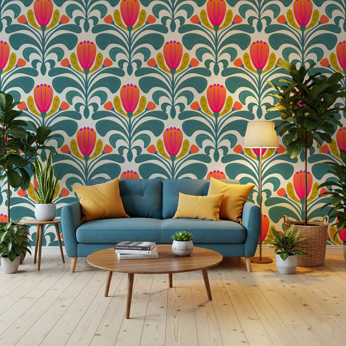 Teal and coral floral patterned wallpaper in a hallway space interior., GD10343