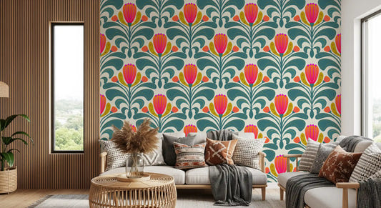 Oversized stylised tulip motif wallpaper with olive-green buds and teal foliage.