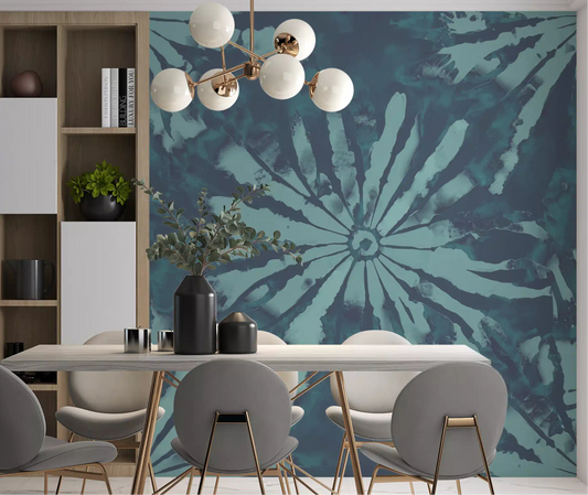 Deep teal watercolour starburst wall mural in an dining room setting.