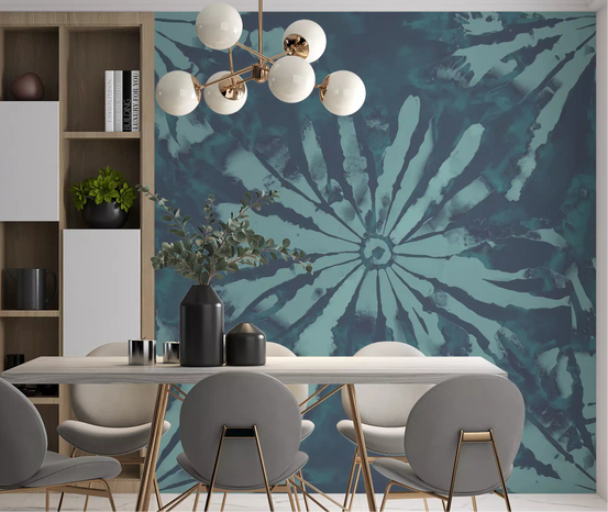 Deep teal watercolour starburst wall mural in an dining room setting., GD10344