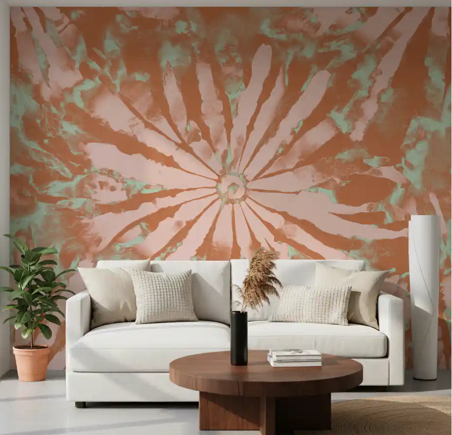 Terra bloom radiance mural on a living room accent wall with watercolor tone., GD10345