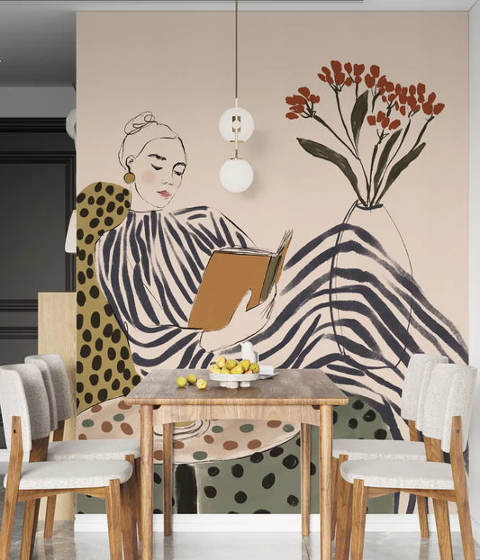 Stripes & Stories artistic mural featured on a dining room accent wall 